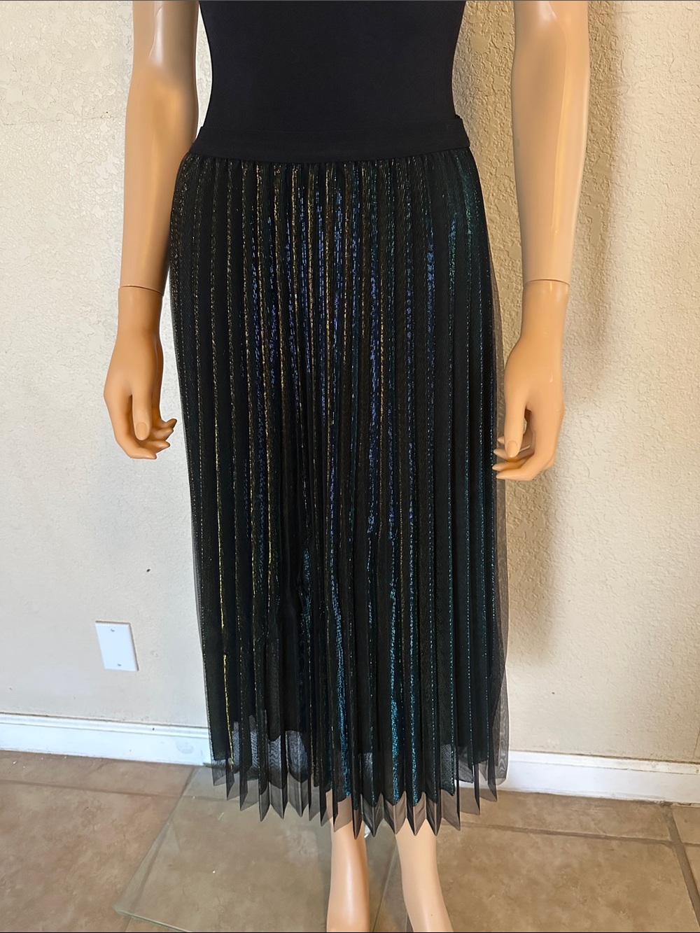 Lucy Paris Black Iridescent Pleated Midi Skirt